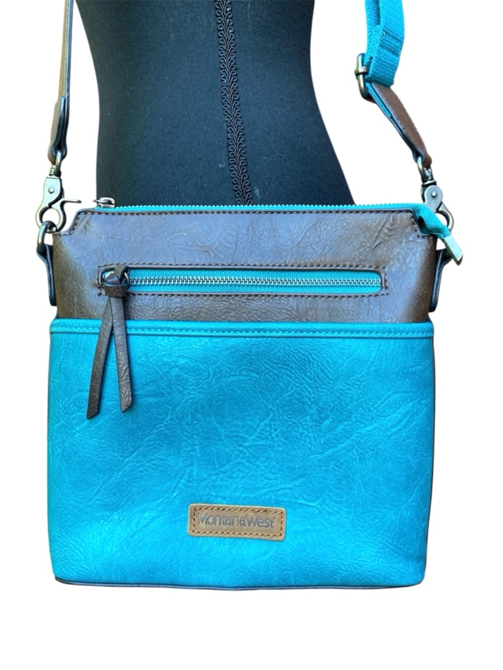 Montana West Teal and Brown Leather Crossbody Bag